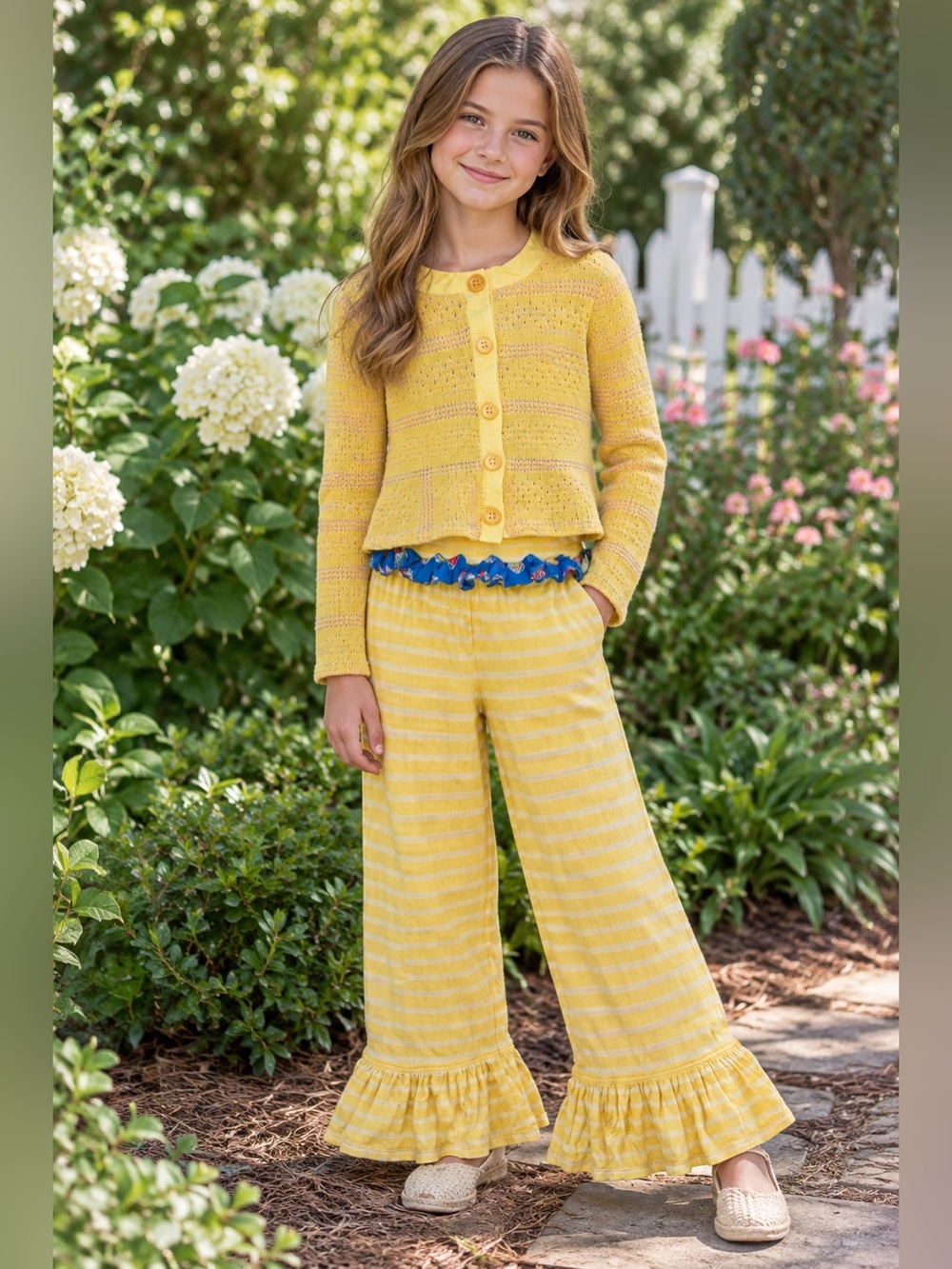 Persnickety 10 Yellow Girls' Knit Button Cardigan and Ruffle palazzo Pants Set